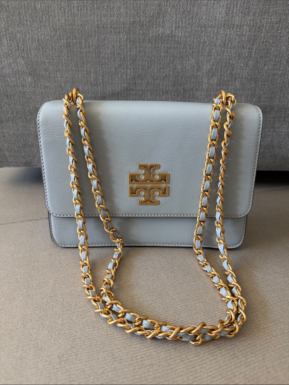 Tory Burch Powder Blue Leather Chain with Gold Hardware
